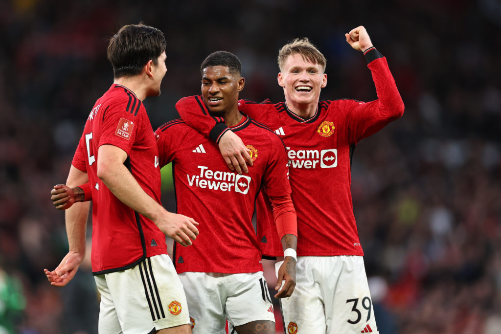 Harry Maguire, Marcus Rashford and Scott McTominay of Manchester United celebrating the victory during the Emirates FA Cup Quarter Final match betw...