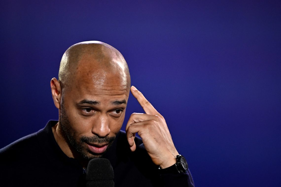 France's men football Olympic team coach Thierry Henry speaks during the draw ceremony for the Paris 2024 Olympic football tournaments at the Paris...