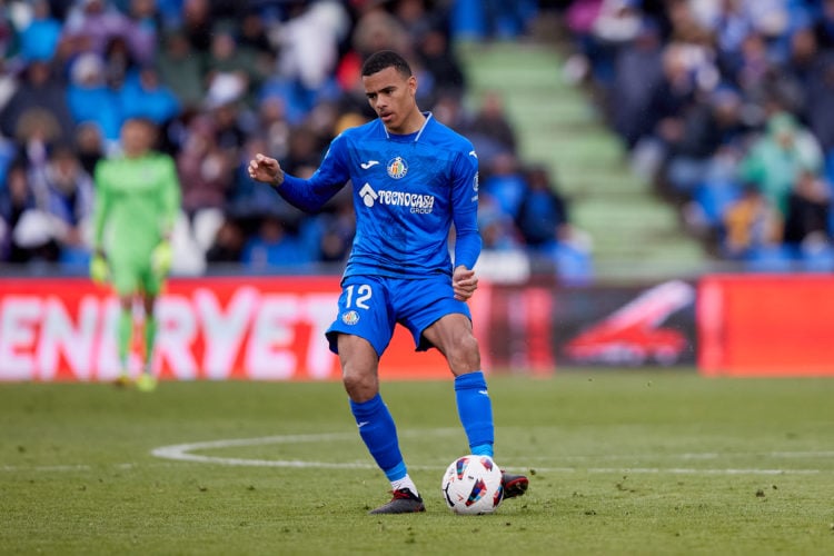 Mason Greenwood of Getafe CF controls the ball during the LaLiga EA Sports match between Getafe CF and Sevilla FC at Coliseum Alfonso Perez on Marc...