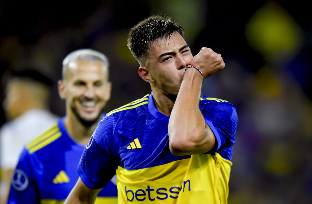 Aaron Anselmino of Boca Juniors celebrates after scoring the team's first goal during the Copa CONMEBOL Sudamericana 2024 group D match between Boc...