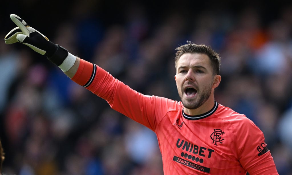 Rangers goalkeeper Jack Butland in action during the Cinch Scottish Premiership match between Rangers FC and Celtic FC at Ibrox Stadium on April 07...
