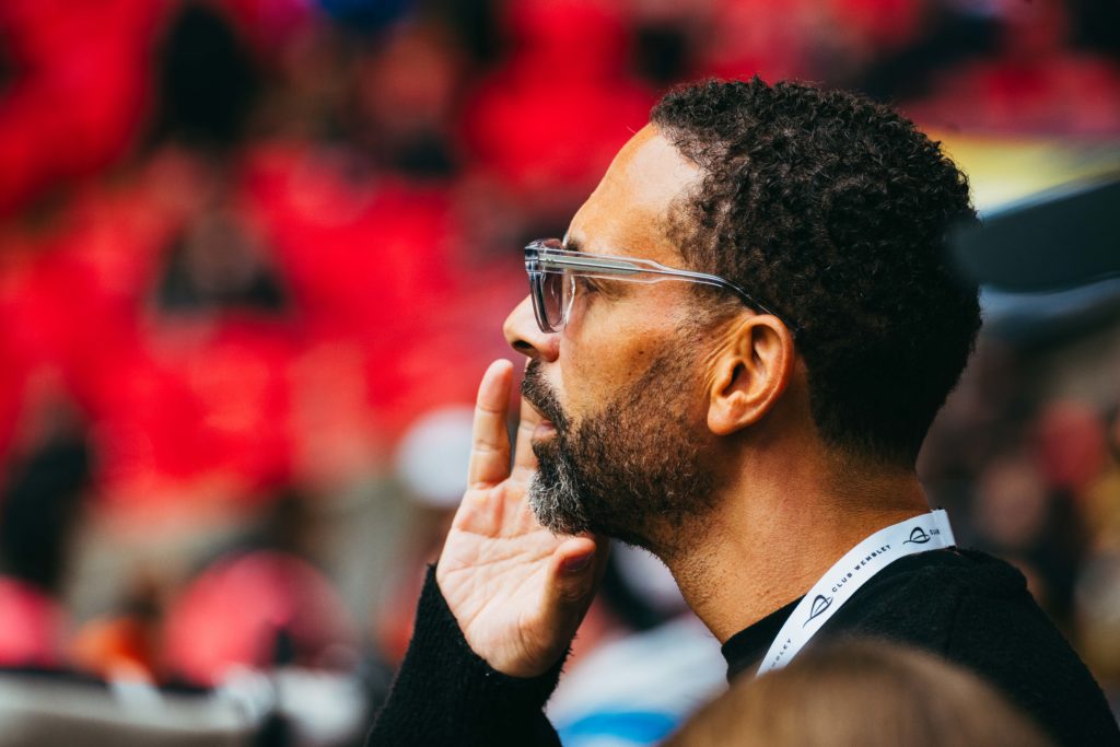 Rio Ferdinand looks on prior to the Emirates FA Cup Semi Final match between Coventry City and Manchester United at Wembley Stadium on April 21, 20...