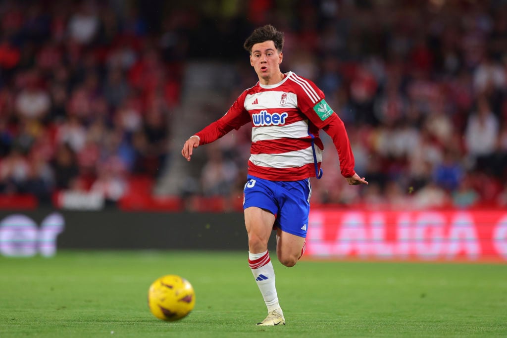 Facundo Pellistri of Granada CF in action during the LaLiga EA Sports match between Granada CF and Valencia CF at Estadio Nuevo Los Carmenes on Apr...