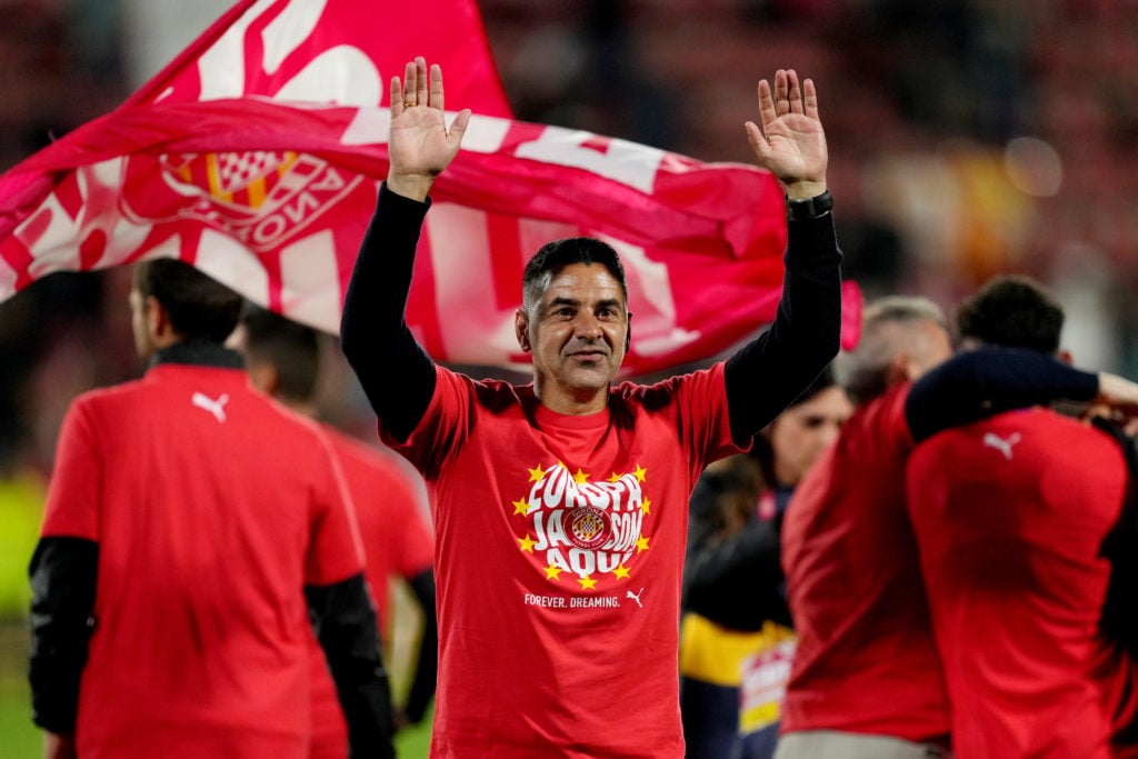Michel, Head Coach of Girona FC, celebrates after his team qualif for a place in one of the three European Trophies (league position pending) after...