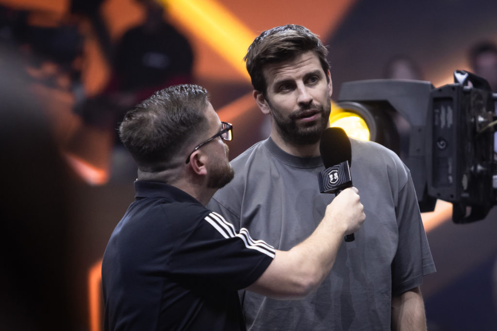 Gerard Pique speaks to media during the Kings League & Queens League Finals 2024 at WiZink Center on April 20, 2024 in Madrid, Spain.