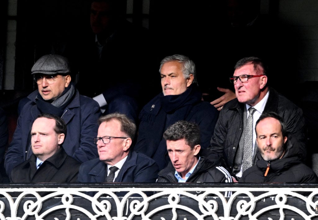 Jose Mourinho looks on from the stands during the Premier League match between Fulham FC and Liverpool FC at Craven Cottage on April 21, 2024 in Lo...