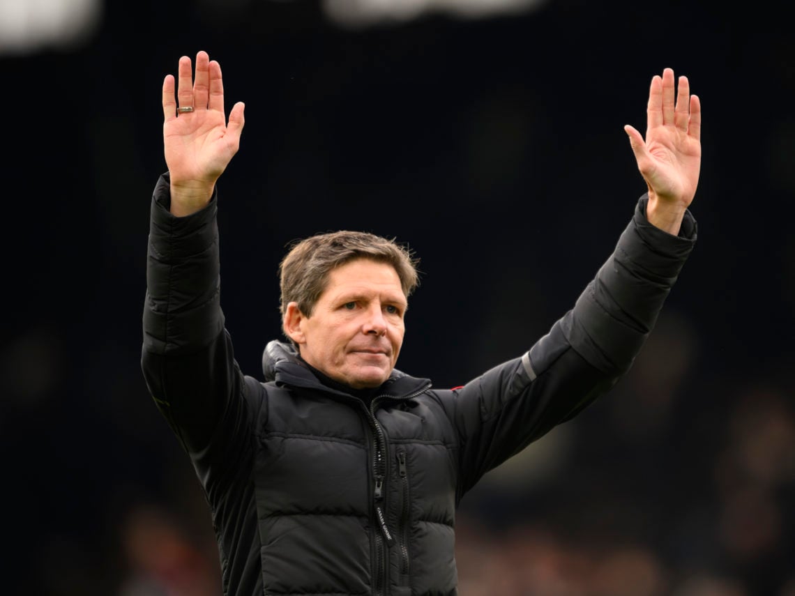 Crystal Palace manager Oliver Glasner applauds the fans at the final whistle during the Premier League match between Fulham FC and Crystal Palace a...