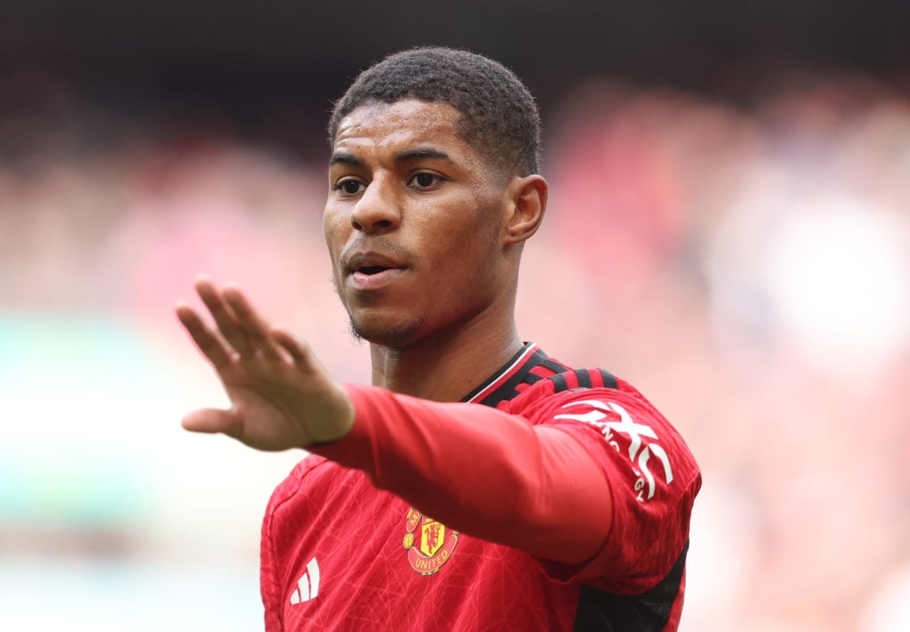 Marcus Rashford of Manchester United in action during the Emirates FA Cup Semi Final match between Coventry City and Manchester United at Wembley S...