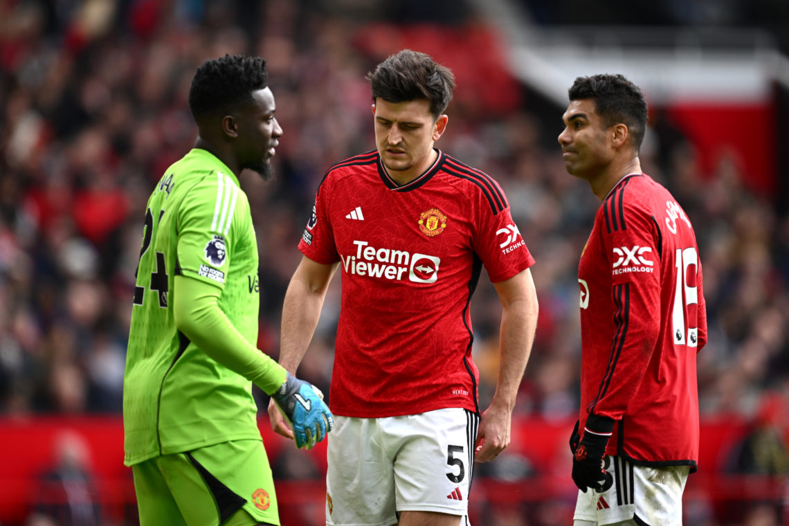 Harry Maguire (C), Casemiro (R) and Andre Onana (L) react during the Premier League match between Manchester United and Burnley FC at Old Trafford ...