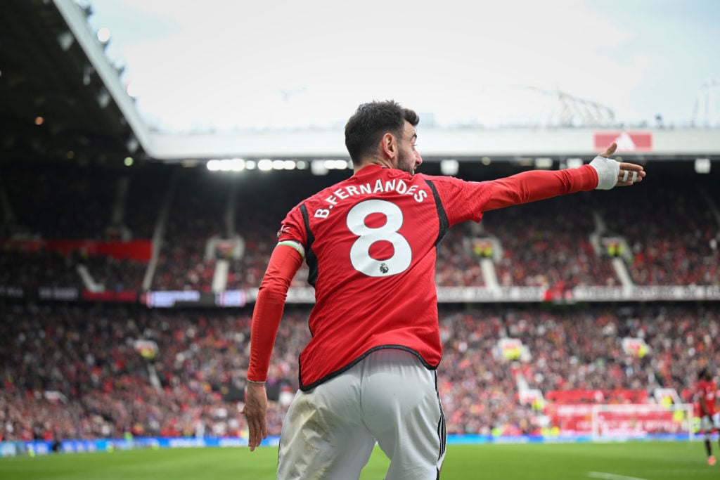 Bruno Fernandes of Manchester United gestures during the Premier League match between Manchester United and Burnley FC at Old Trafford on April 27,...
