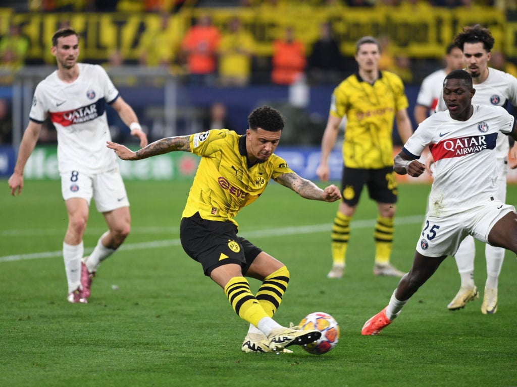 Jadon Sancho of Borussia Dortmund controls the ball during the UEFA Champions League semi-final first leg match between Borussia Dortmund and Paris...