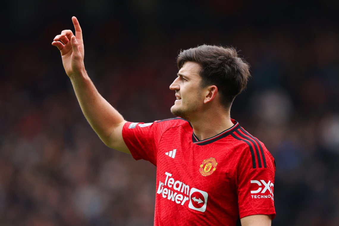 Harry Maguire of Manchester United during the Premier League match between Manchester United and Burnley FC at Old Trafford on April 27, 2024 in Ma...