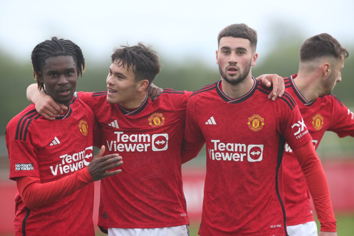 Jaydan Kamason, Gabriele Biancheri & James Nolan of Manchester United  celebrate during the U18 Premier League match between Manchester United ...