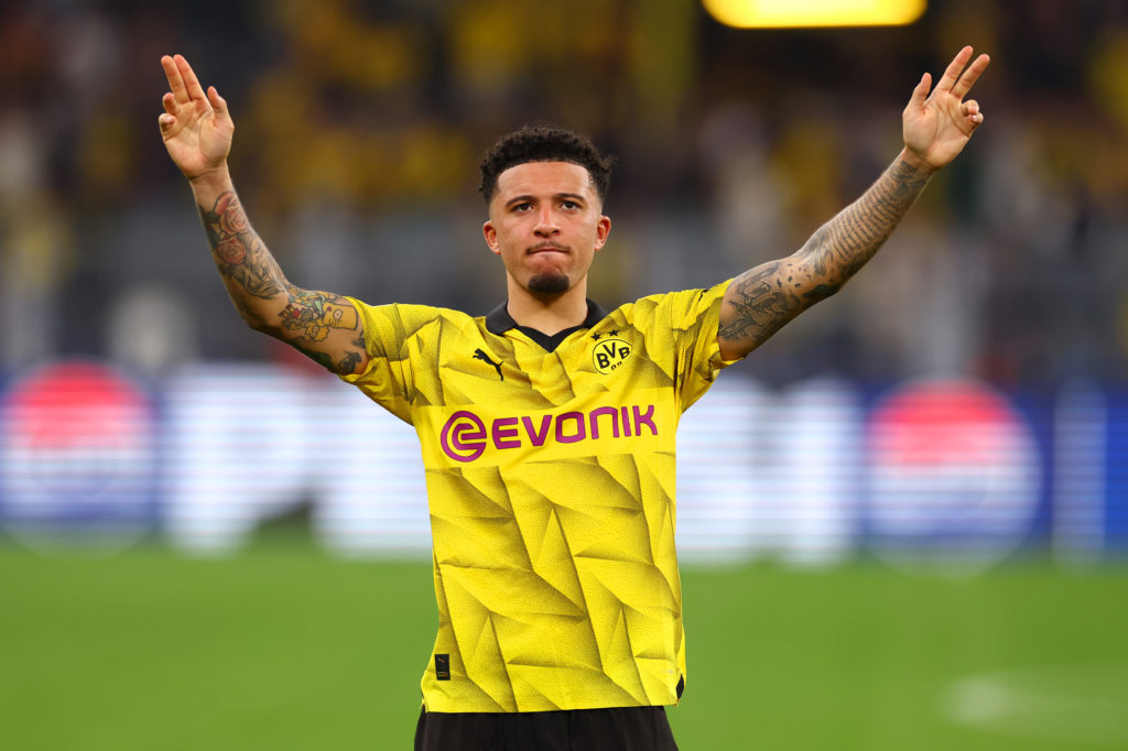 Jadon Sancho of Borussia Dortmund salutes the supporters following the UEFA Champions League semi-final first leg match between Borussia Dortmund a...