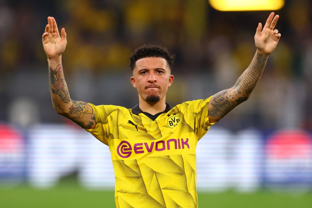 Jadon Sancho of Borussia Dortmund salutes the supporters following the UEFA Champions League semi-final first leg match between Borussia Dortmund a...