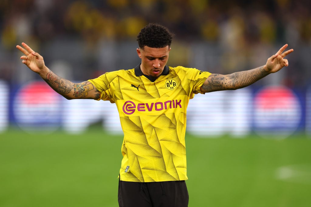 Borussia Dortmund's Jadon Sancho greets the fans after the UEFA Champions League semi-final first leg match between Borussia Dortmund and...