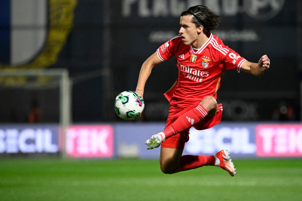 TOPSHOT - Benfica's Spanish defender #03 Alvaro Fernandez Carreras controls the ball during the Portuguese League football match between FC Famalic...