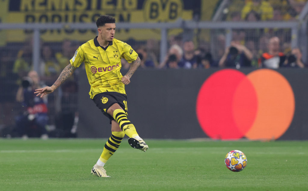 Jadon Sancho of Borussia Dortmund plays the ball during the UEFA Champions League semi-final first leg match between Borussia Dortmund and Paris Sa...