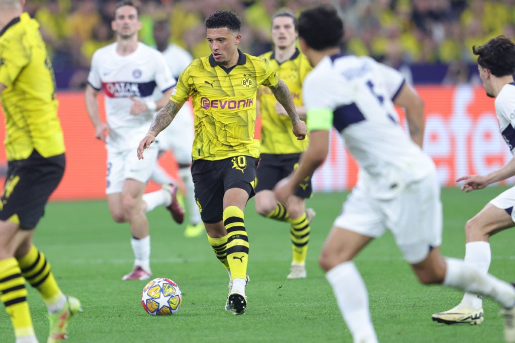 Jadon Sancho of Borussia Dortmund plays the ball during the UEFA Champions League semi-final first leg match between Borussia Dortmund and Paris Sa...
