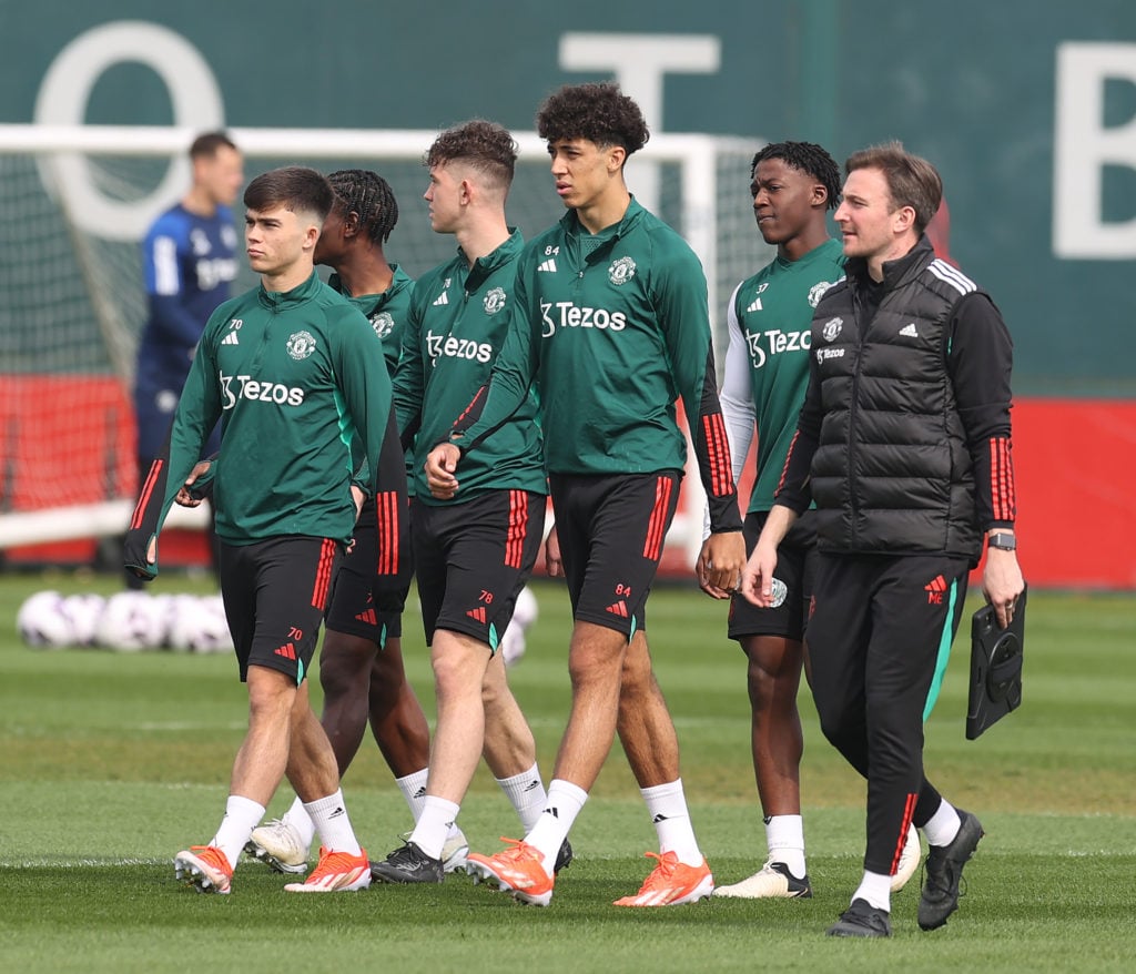 (EXCLUSIVE COVERAGE)  Harry Amass, Louis Jackson, Ethan Wheatley, Kobbie Mainoo of Manchester United in action during a first team training session...