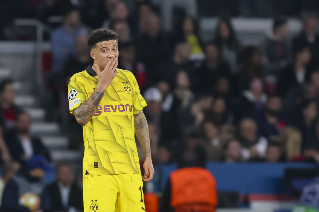 Jadon Sancho of Borussia Dortmund looks on during the UEFA Champions League semi-final second leg match between Paris Saint-Germain and Borussia Do...