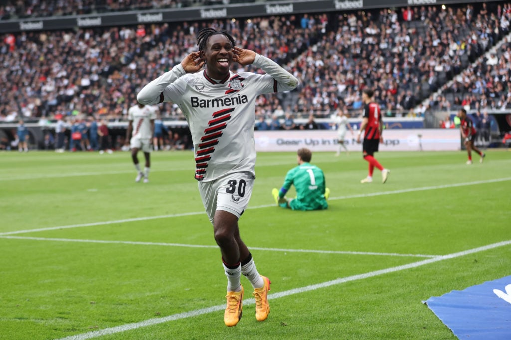 Jeremie Frimpong of Bayer Leverkusen celebrates scoring his team's fourth goal during the Bundesliga match between Eintracht Frankfurt and Bayer 04...