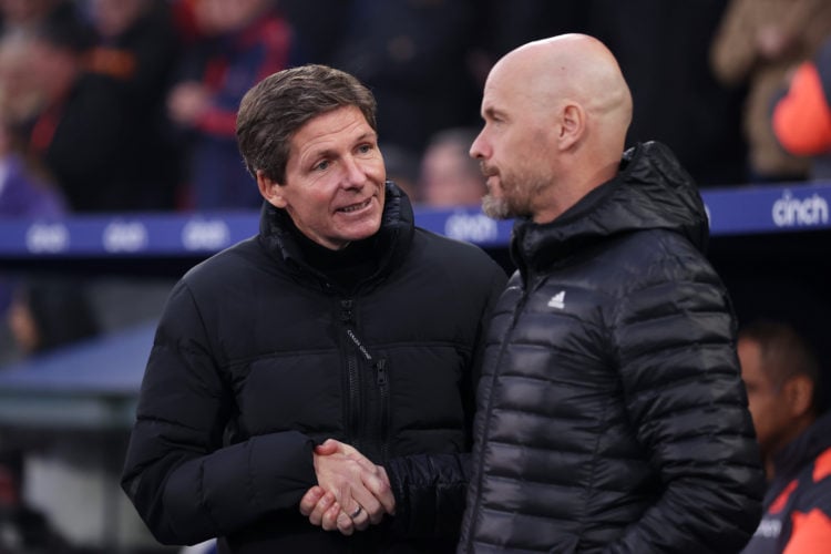 Oliver Glasner, Manager of Crystal Palace, shakes hands with Erik ten Hag, Manager of Manchester United, prior to the Premier League match between ...