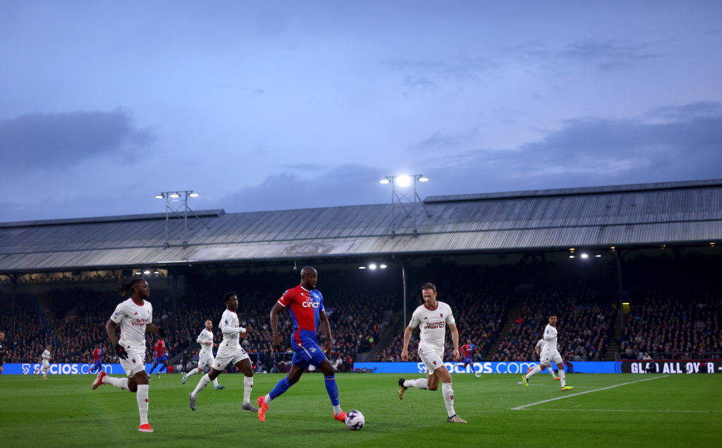 Jean Philippe Mateta of Crystal Palace controls the ball under pressure of Aaron Wan Bissaka of Manchester United during the Premier League match between Crystal Palace and Manchester United at Selhurst Park on May 06, 2024