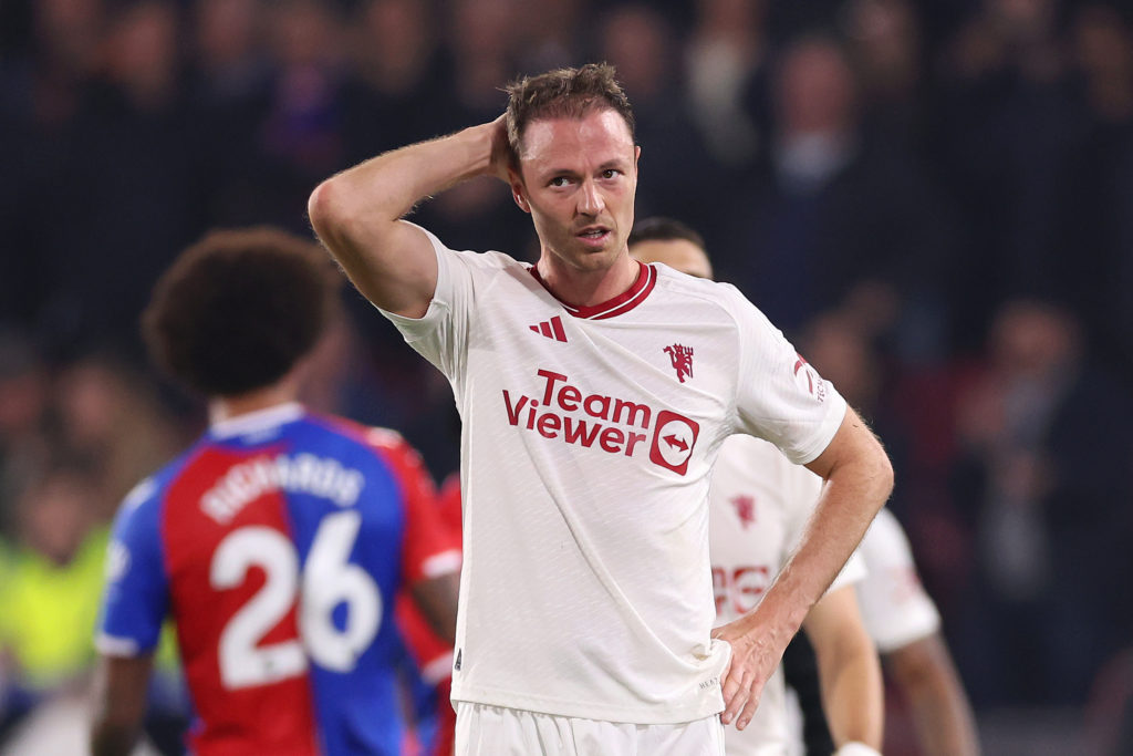 Manchester United's Jonny Evans looks dejected after his team's defeat in the Premier League match between Crystal Palace and Manchester United at...