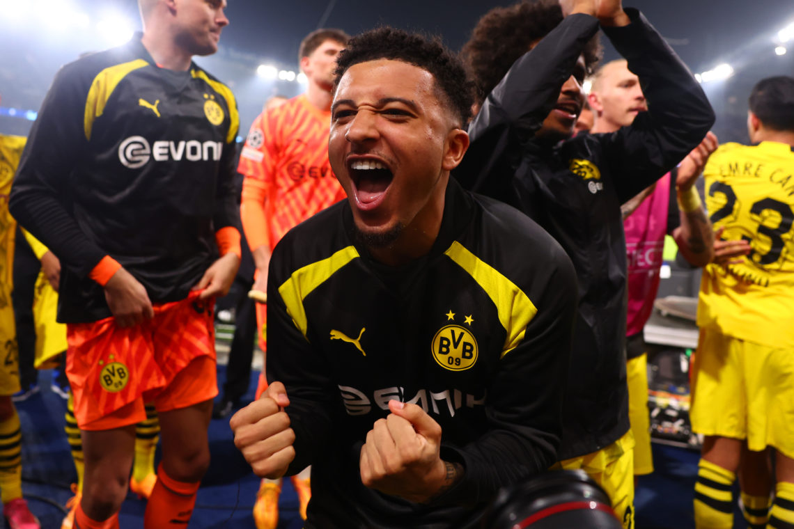 Jadon Sancho of Borussia Dortmund celebrates at full-time following the UEFA Champions League semi-final second leg match between Paris Saint-Germa...