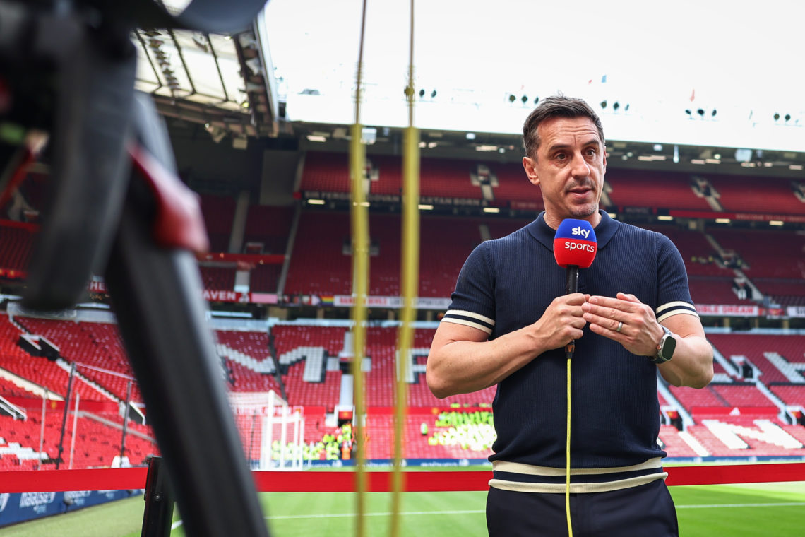 Gary Neville reporting for Sky Sports pitch side at Old Trafford ahead of the Premier League match between Manchester United and Arsenal FC at Old ...