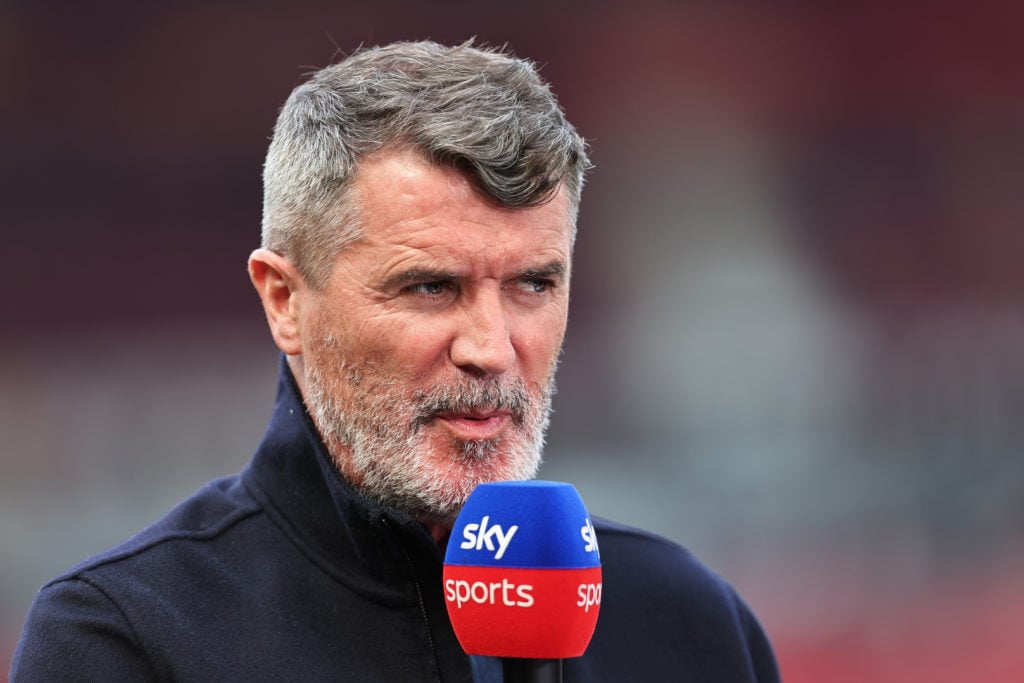 Roy Keane working as a pundit for Sky Sports ahead of the Premier League match between Manchester United and Arsenal FC at Old Trafford on May 12, ...