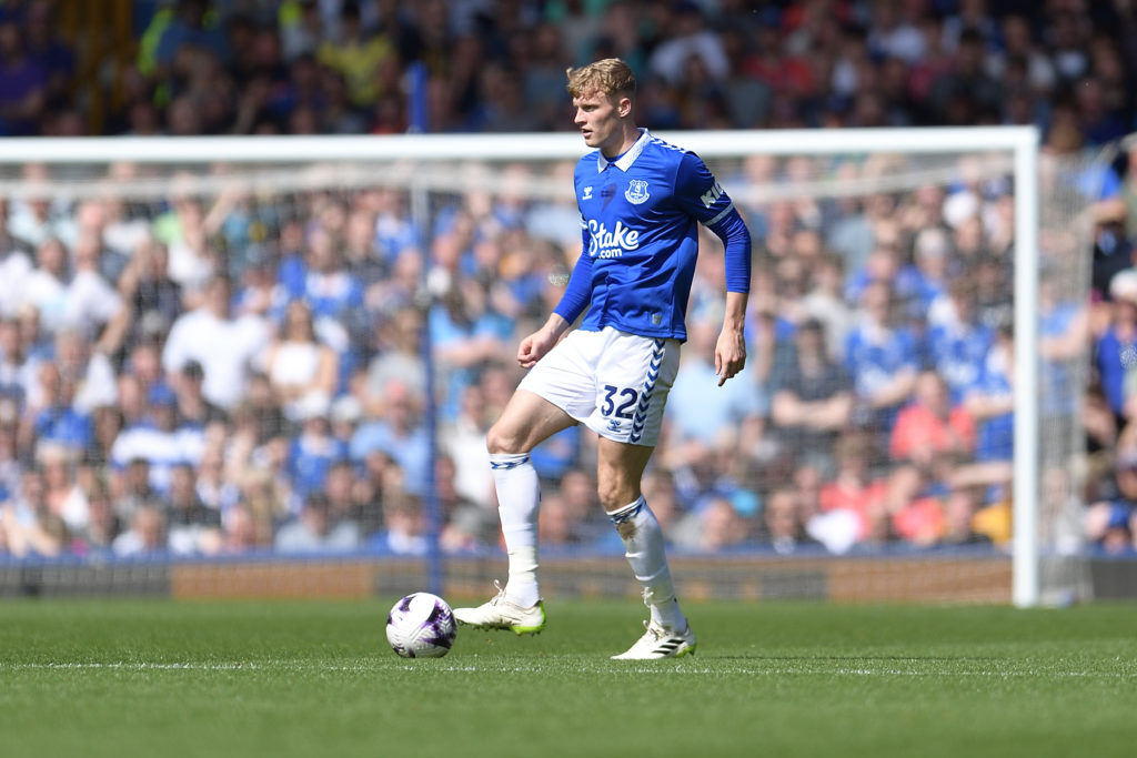 Everton's Jarrad Branthwaite during the Premier League match between Everton FC and Sheffield United at Goodison Park on May 11, 2024 in Liverpool...