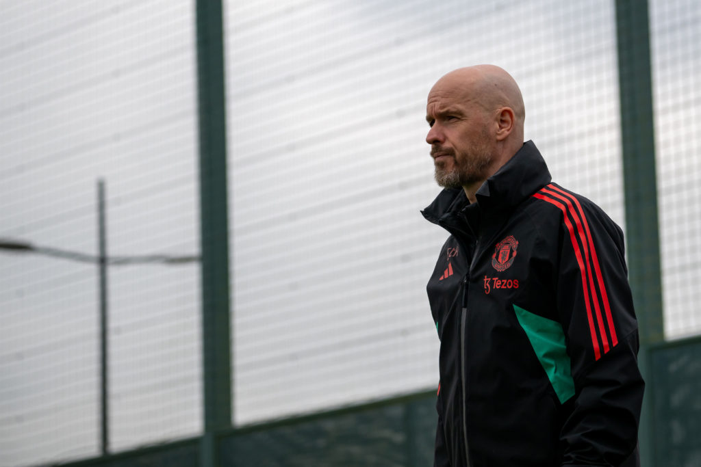 Manager Erik ten Hag of Manchester United in action during a first team training session at Carrington Training Ground on May 09, 2024 in Mancheste...