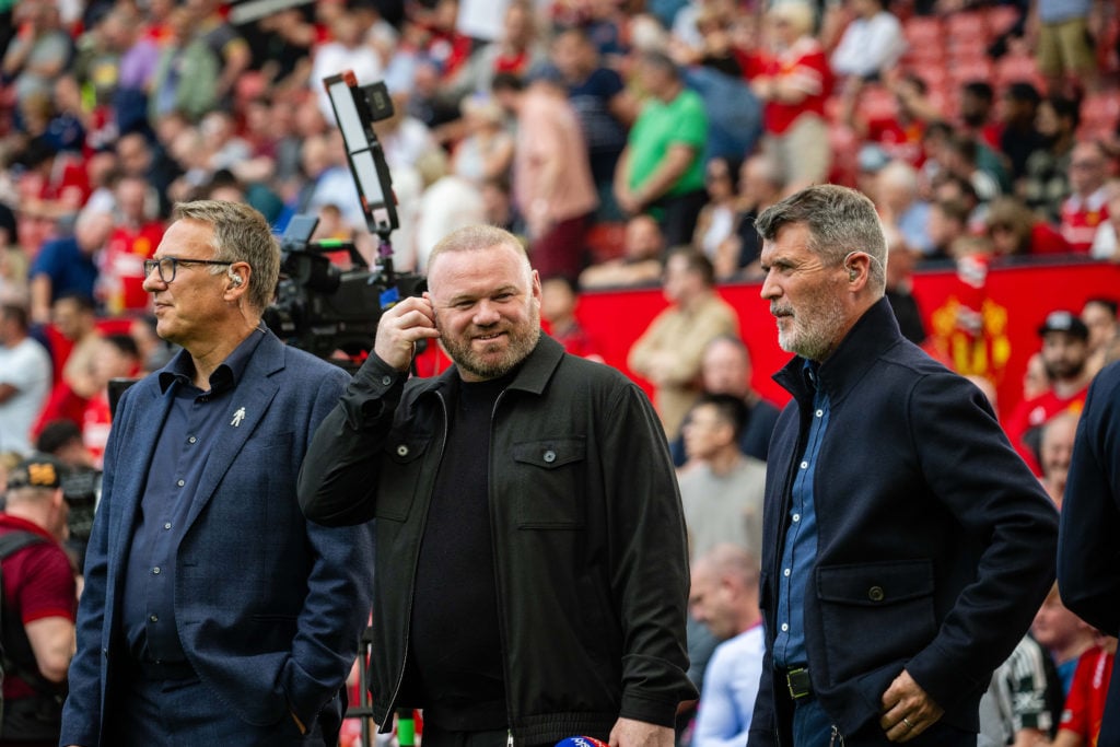 Sky Sports pundit Paul Merson and Former Manchester United players and Sky Sports pundits Wayne Rooney and Roy Keane stand pitchside ahead of the P...