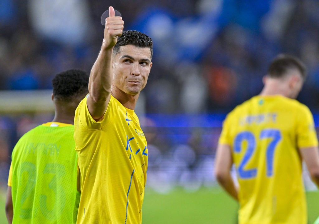 Cristiano Ronaldo of Al-Nassr greets the crowd during the Saudi Pro League 32nd week football match between Al-Nassr and Al-Hilal at Al-Awwal Park ...