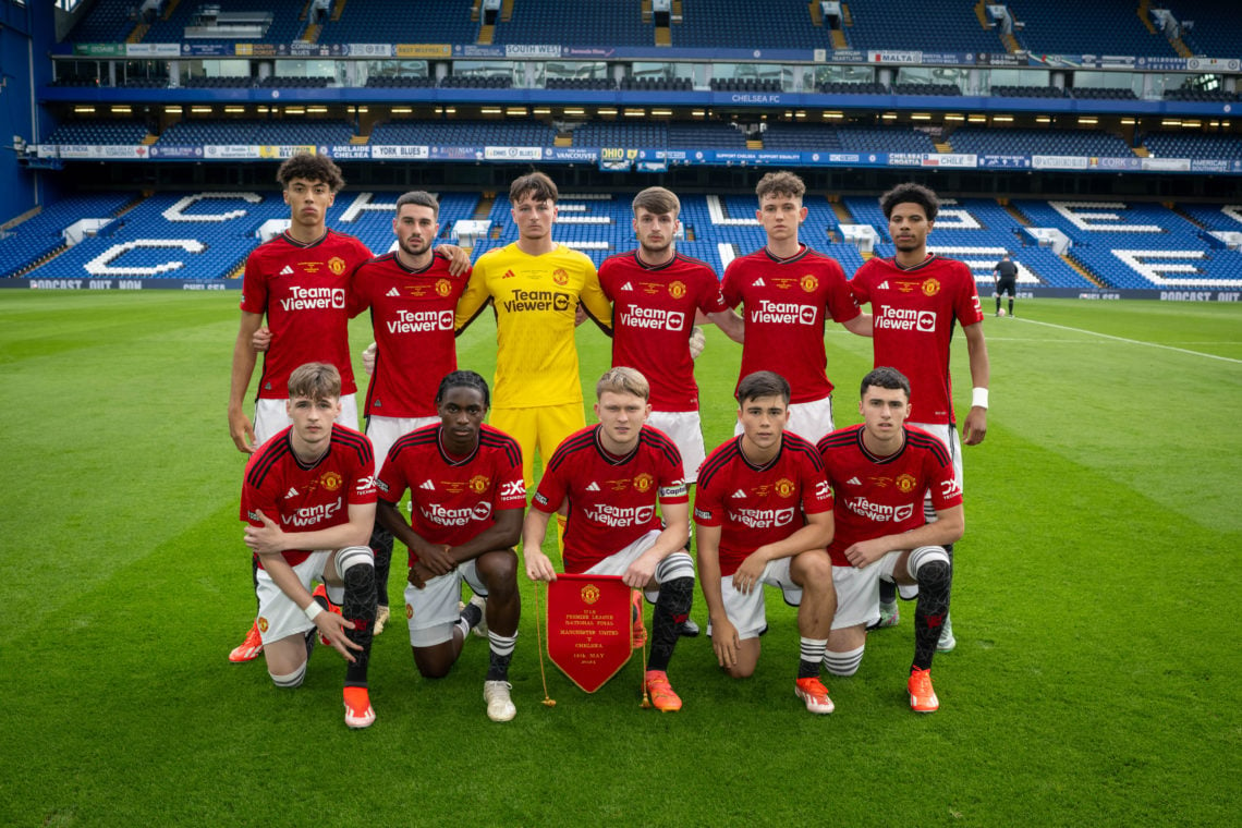 Manchester United U18 players pose for a team photo ahead of the U18 Premier League Final match between Chelsea U18 and Manchester United U18 at St...