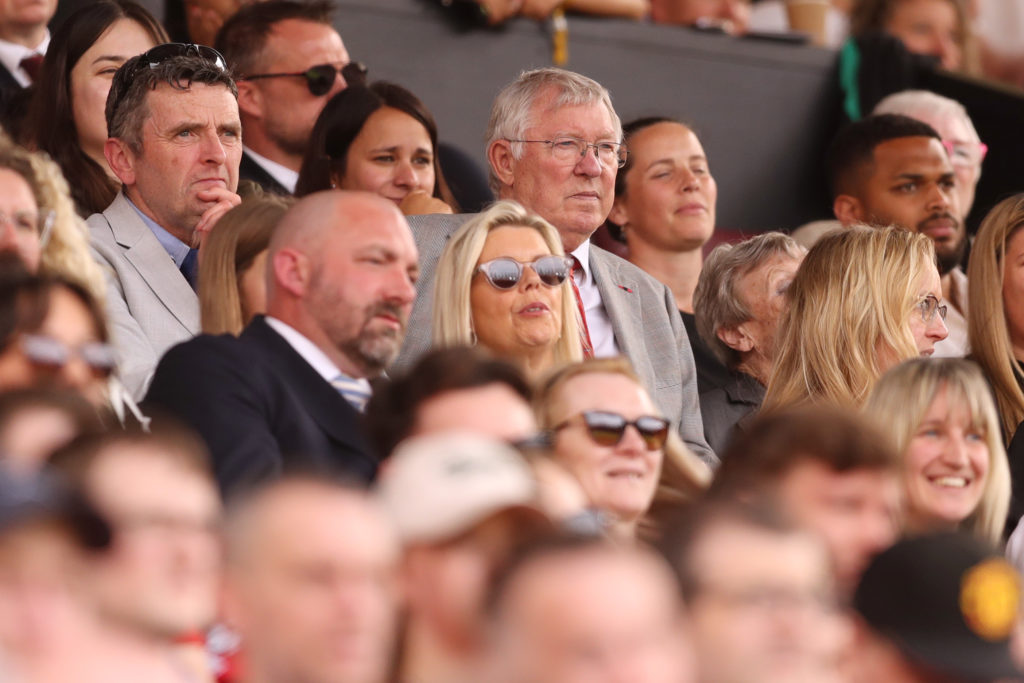 Sir Alex Ferguson looks on during the Barclays Women's Super League match between Manchester United and Chelsea FC at Old Trafford on May 18, 2024...