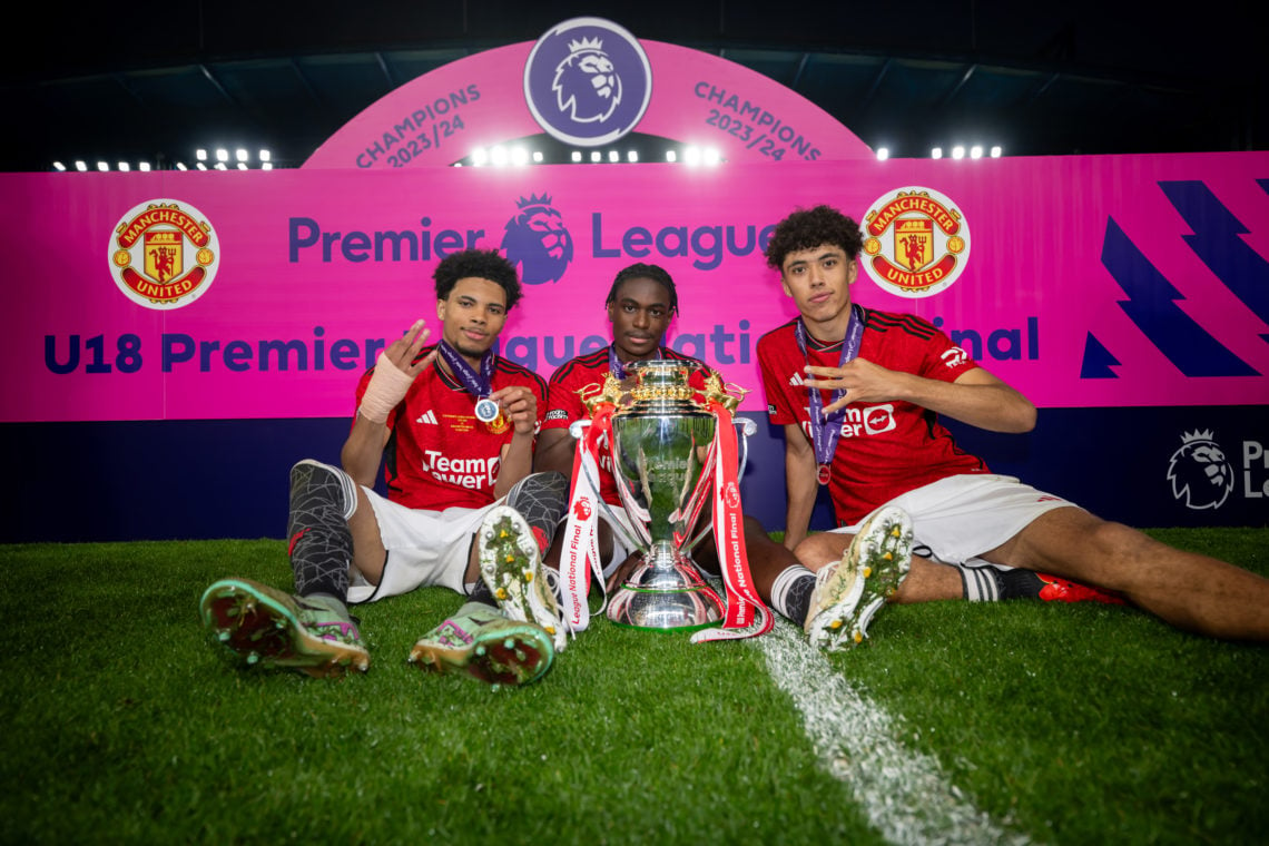 Ethan Williams , Habeeb Ogunneye and Ethan Wheatley of Manchester United U18 celebrate winning the U18 Premier League Final between Chelsea U18 and...