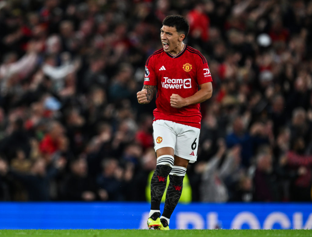 Manchester United's Lisandro Martinez (6) celebrates after scoring Manchester United's third goal during the Premier League match between Manchester United...