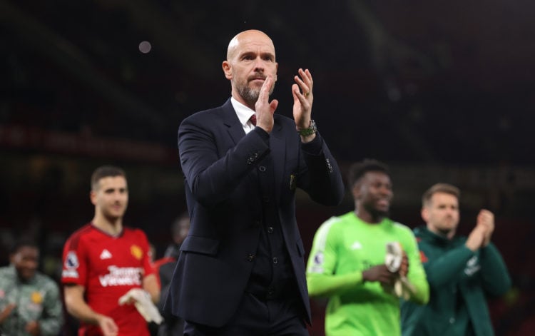 Erik ten Hag the manager of Manchester United applauds their supporters after the Premier League match between Manchester United and Newcastle Unit...