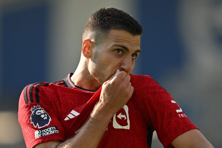 Manchester United's Portuguese defender #20 Diogo Dalot celebrates scoring the opening goal during the English Premier League football match betwee...