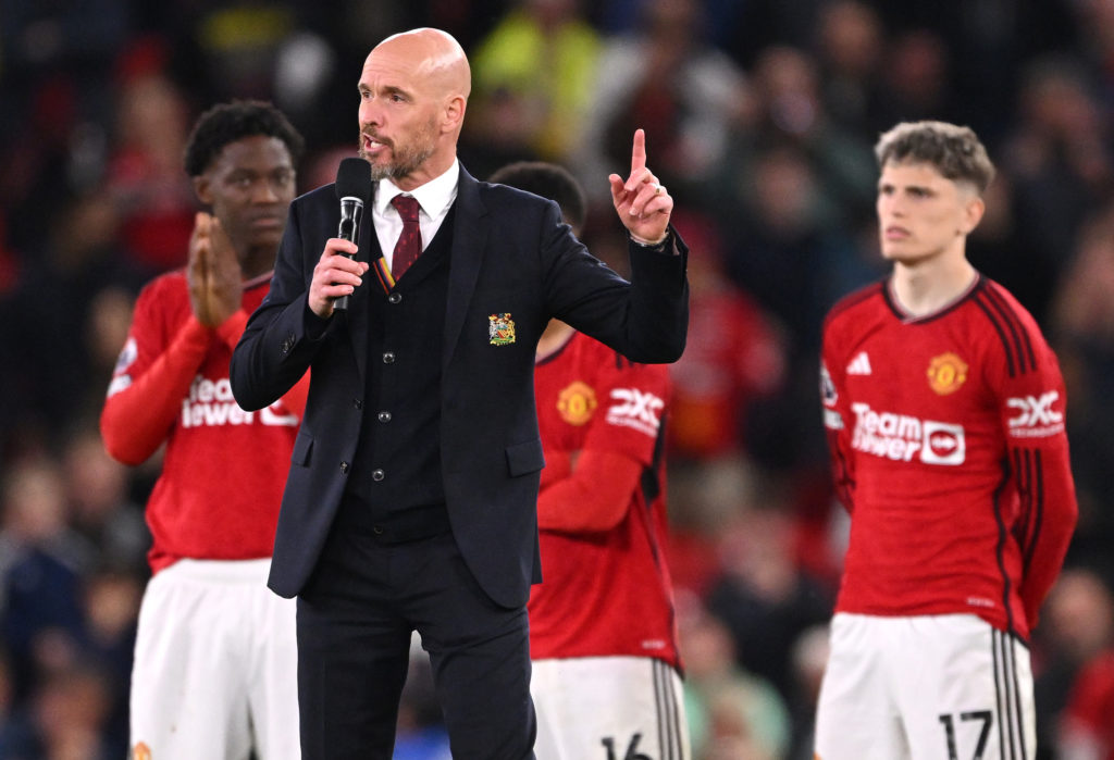 Manchester United manager Erik ten Hag speaks to the crowd as the players look on after the Premier League match between Manchester United and Newc...