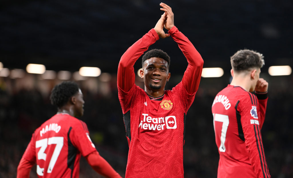 Amad Diallo of Manchester United celebrates scoring his team's second goal during the Premier League match between Manchester United and Newcastle ...
