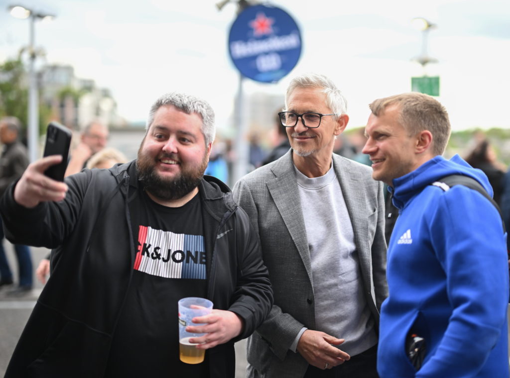 BBC Broadcaster and former England international Gary Lineker with supporters before the UEFA Europa League 2023/24 final match between Atalanta BC...