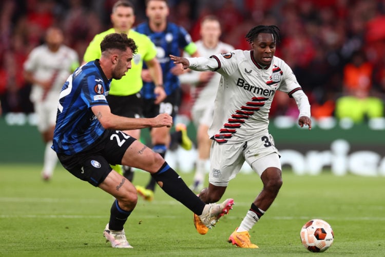 Jeremy Frimpong of Bayer Leverkusen competes with Matteo Ruggeri of Atalanta during the UEFA Europa League 2023/24 final match between Atalanta BC ...