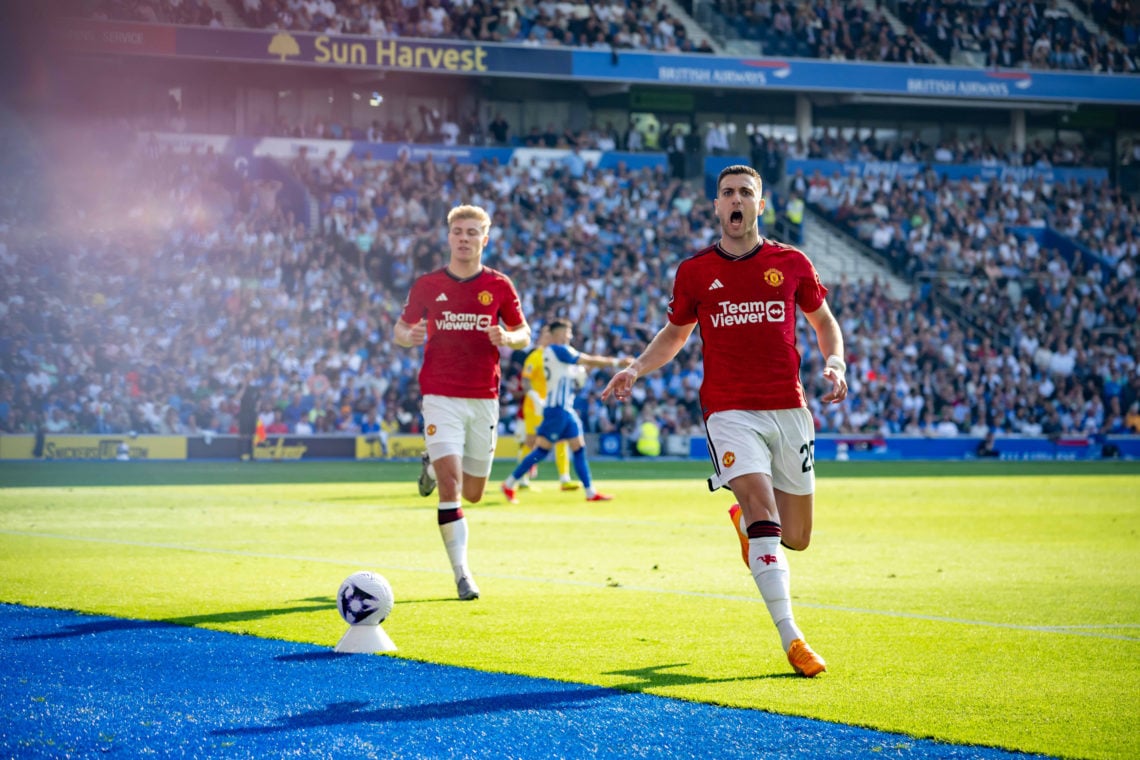 Diogo Dalot of Manchester United scores their first goal during the Premier League match between Brighton & Hove Albion and Manchester United a...
