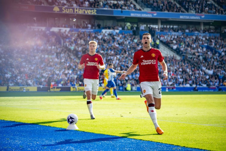 Diogo Dalot of Manchester United scores their first goal during the Premier League match between Brighton & Hove Albion and Manchester United a...