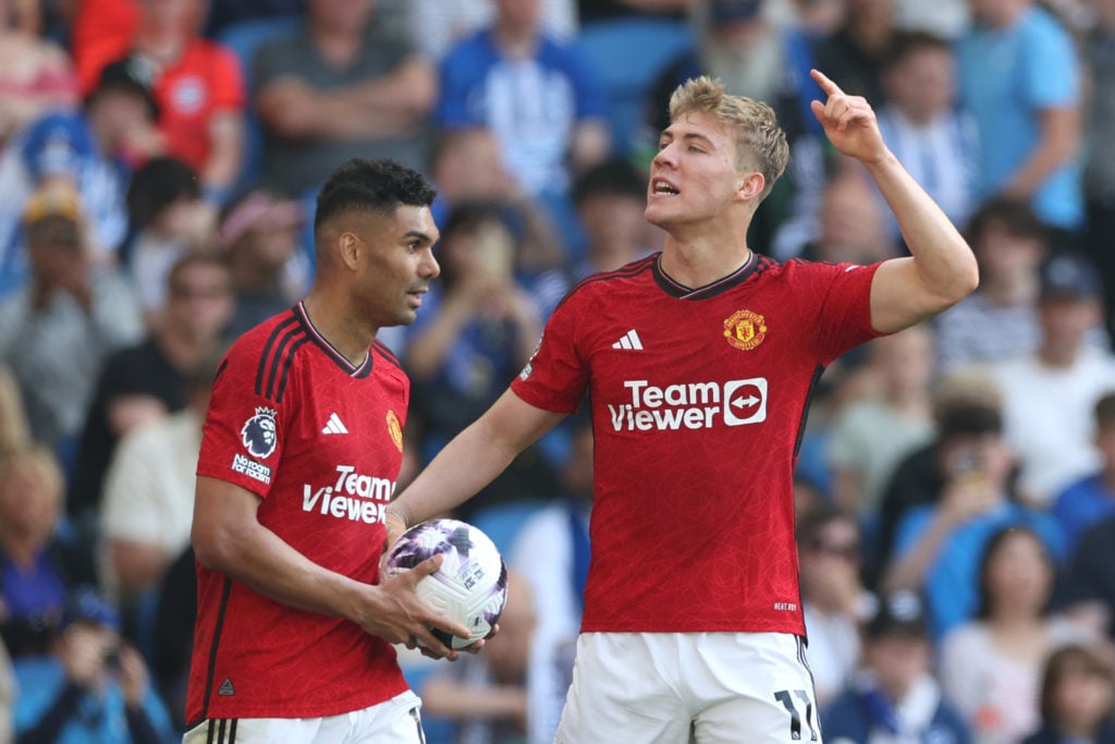 Rasmus Hojlund of Manchester United celebrates scoring his team's second goal during the Premier League match between Brighton & Hove Albion an...