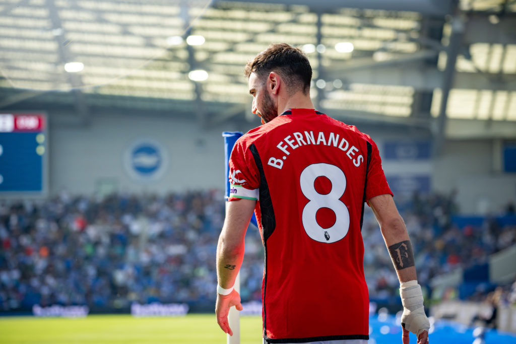 Bruno Fernandes of Manchester United takes a corner during the Premier League match between Brighton & Hove Albion and Manchester United at Ame...